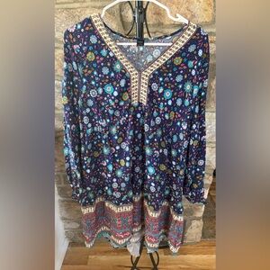 (NWOT) Emery Rose Boho Floral Tunic Dress 1XL Navy Multicolor Long Sleeve